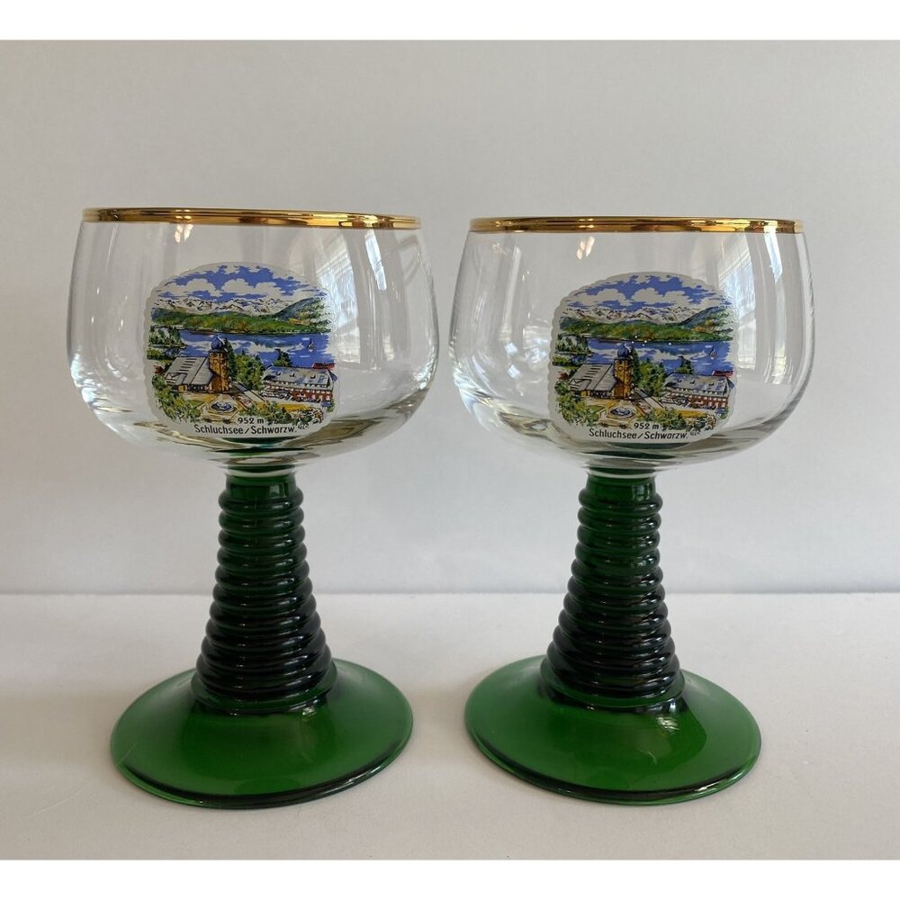 2 Vtg German Roemer Wine Glass Green Rib Beehive Stem 5” St Nicholas Church